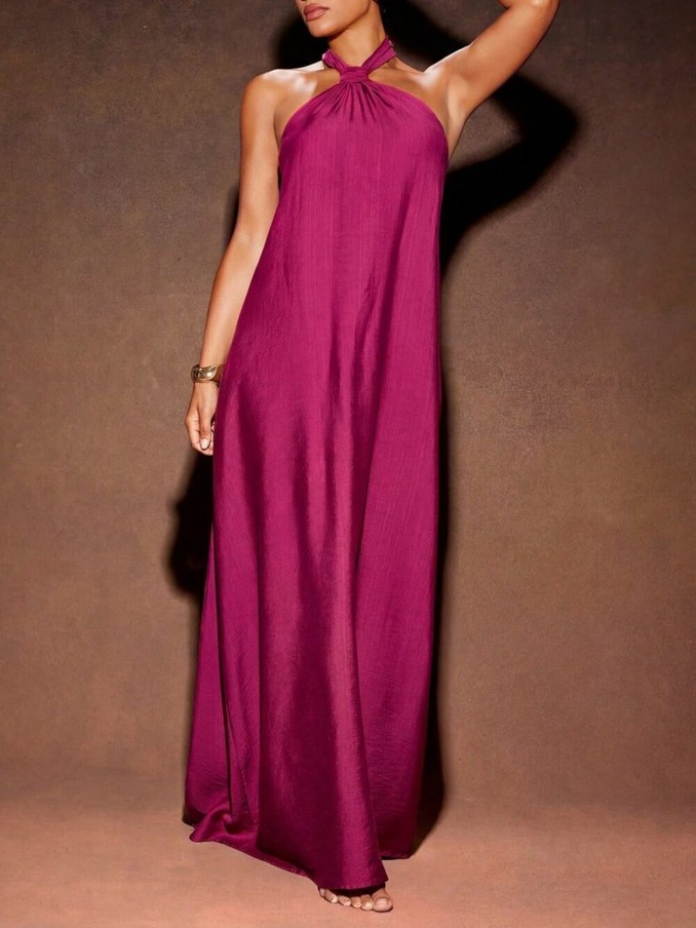 Magenta Halter Maxi Dress with Twist Neck Detail